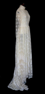 Vintage 1970s Edwardian Style Cream Lace Wedding Dress