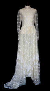 Vintage 1970s Edwardian Style Cream Lace Wedding Dress