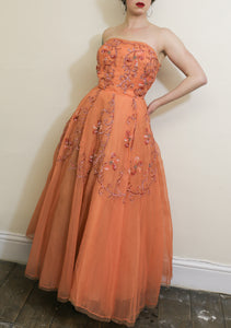 RESERVED - Vintage 1950s Orange Beaded Ballgown Dress