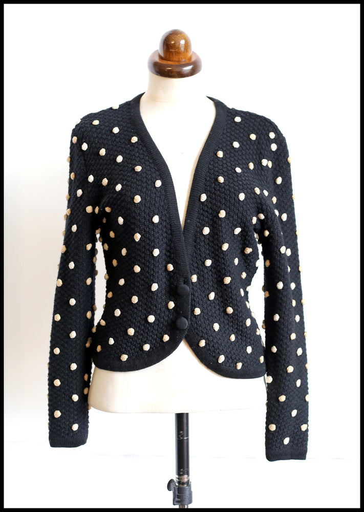 Vintage 1950s Black Polka dot Hand Knitted Cardigan