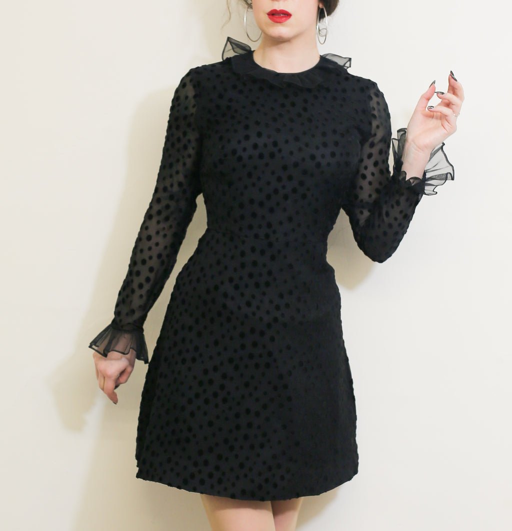 Vintage 1960s Black Dot Ruffle Mini Dress