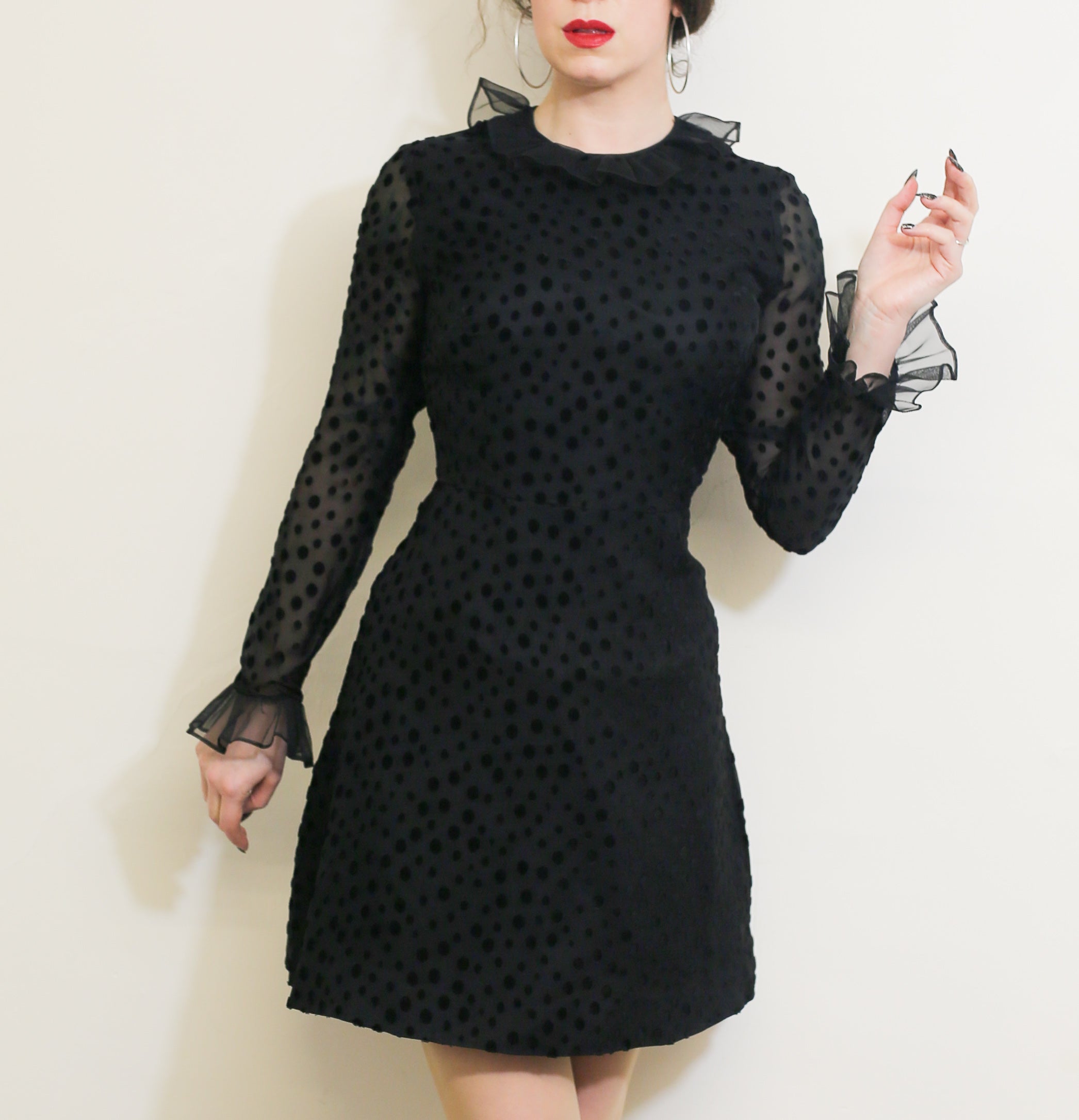 Vintage 1960s Black Dot Ruffle Mini Dress