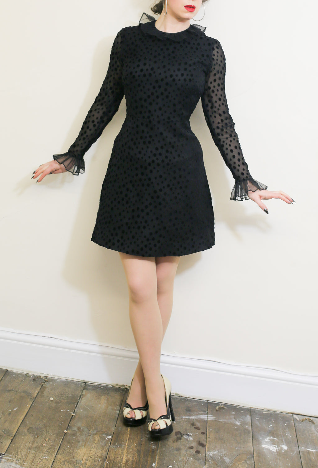Vintage 1960s Black Dot Ruffle Mini Dress