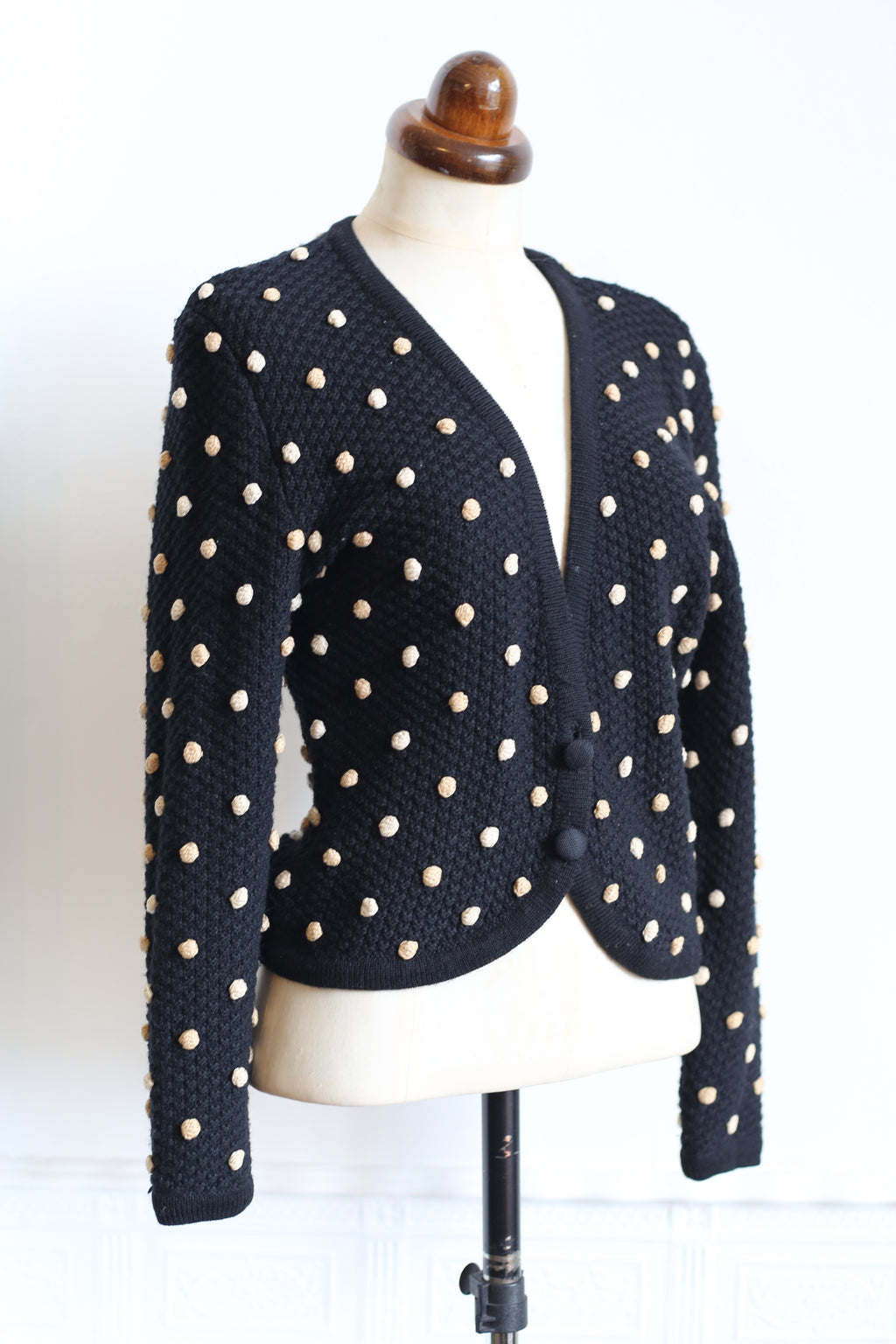 Vintage 1950s Black Polka dot Hand Knitted Cardigan