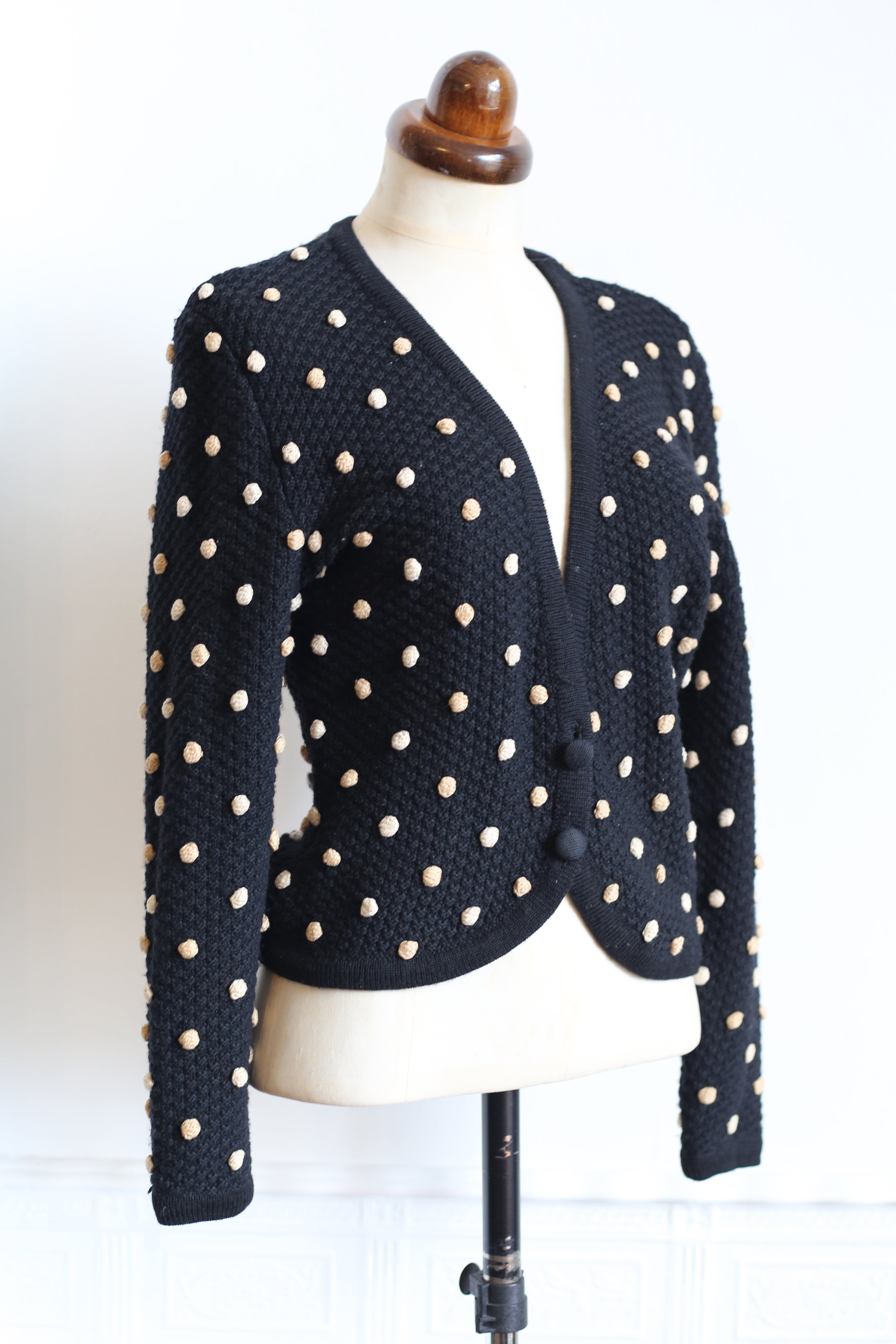 Vintage 1950s Black Polka dot Hand Knitted Cardigan