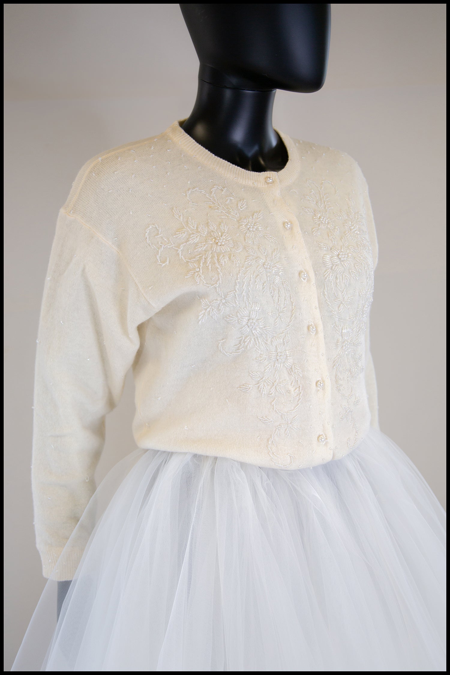 Vintage 1980s Ivory Beaded Wool Cardigan