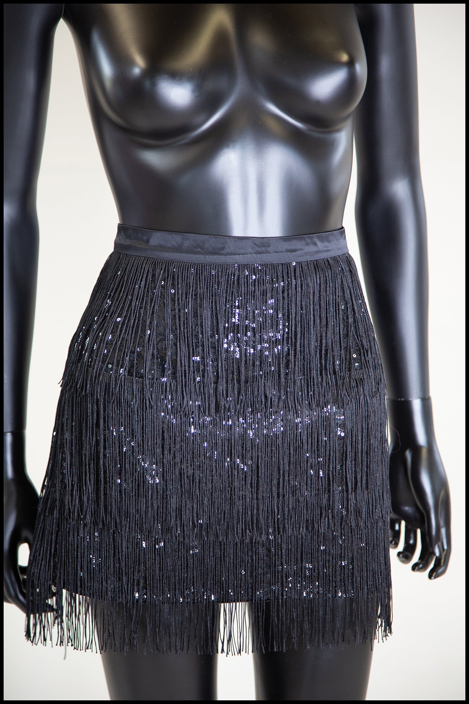 black sequin fringed mini skirt by Alexandra King UK
