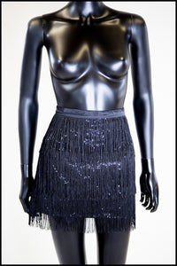Black Fringed Sequin Mini Skirt