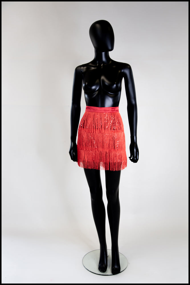 Red Fringed Sequin Mini Skirt