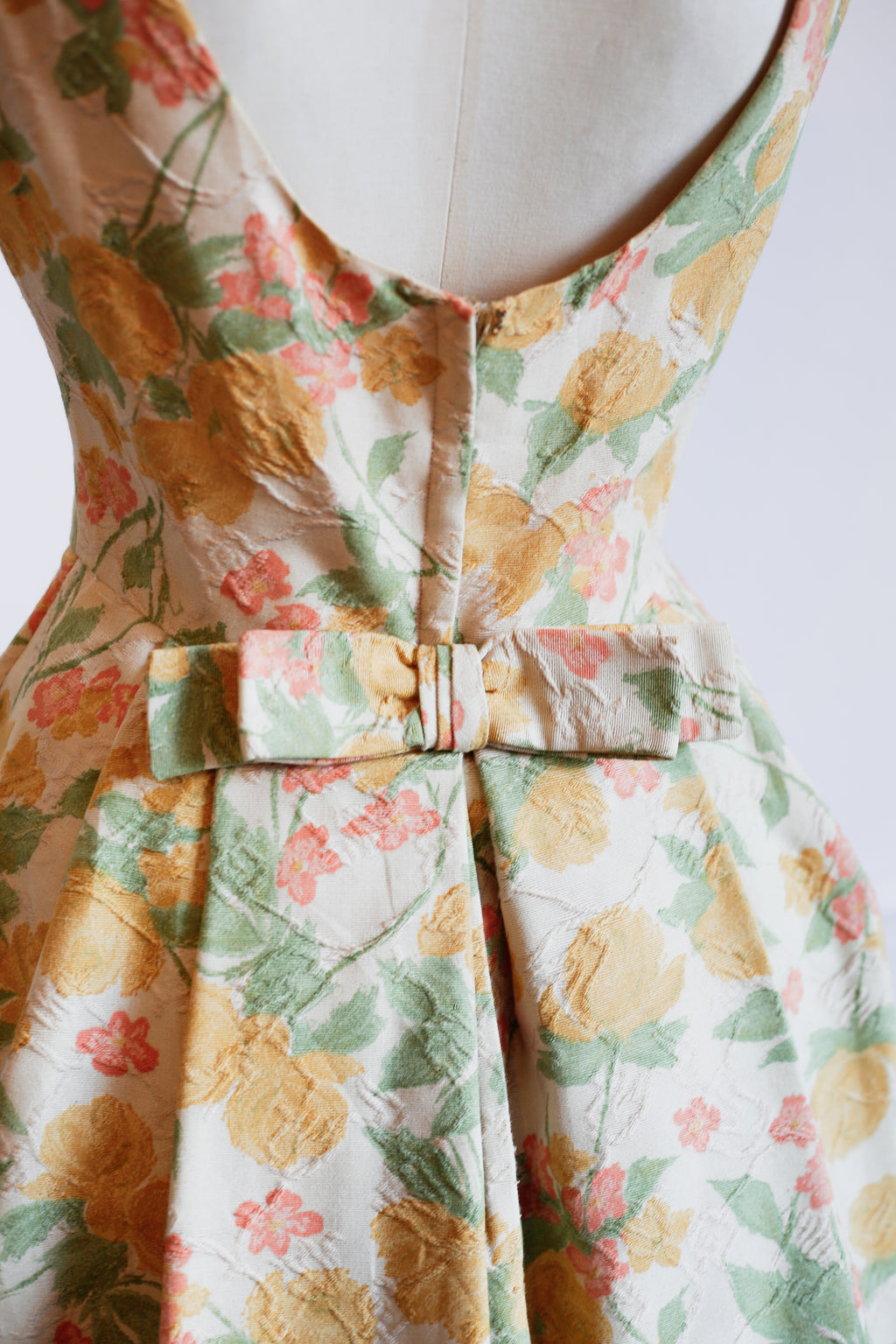 Vintage 1950s Pastel Floral Brocade Cotton Dress