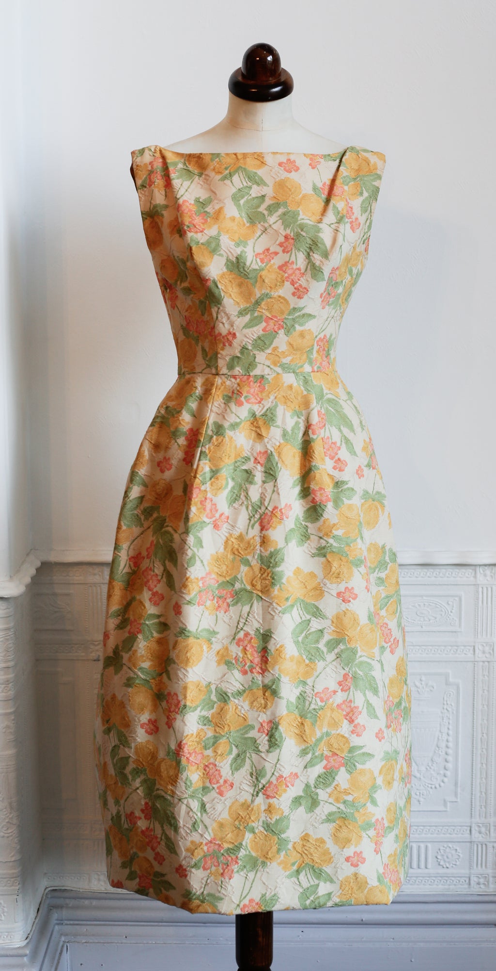 Vintage 1950s Pastel Floral Brocade Cotton Dress