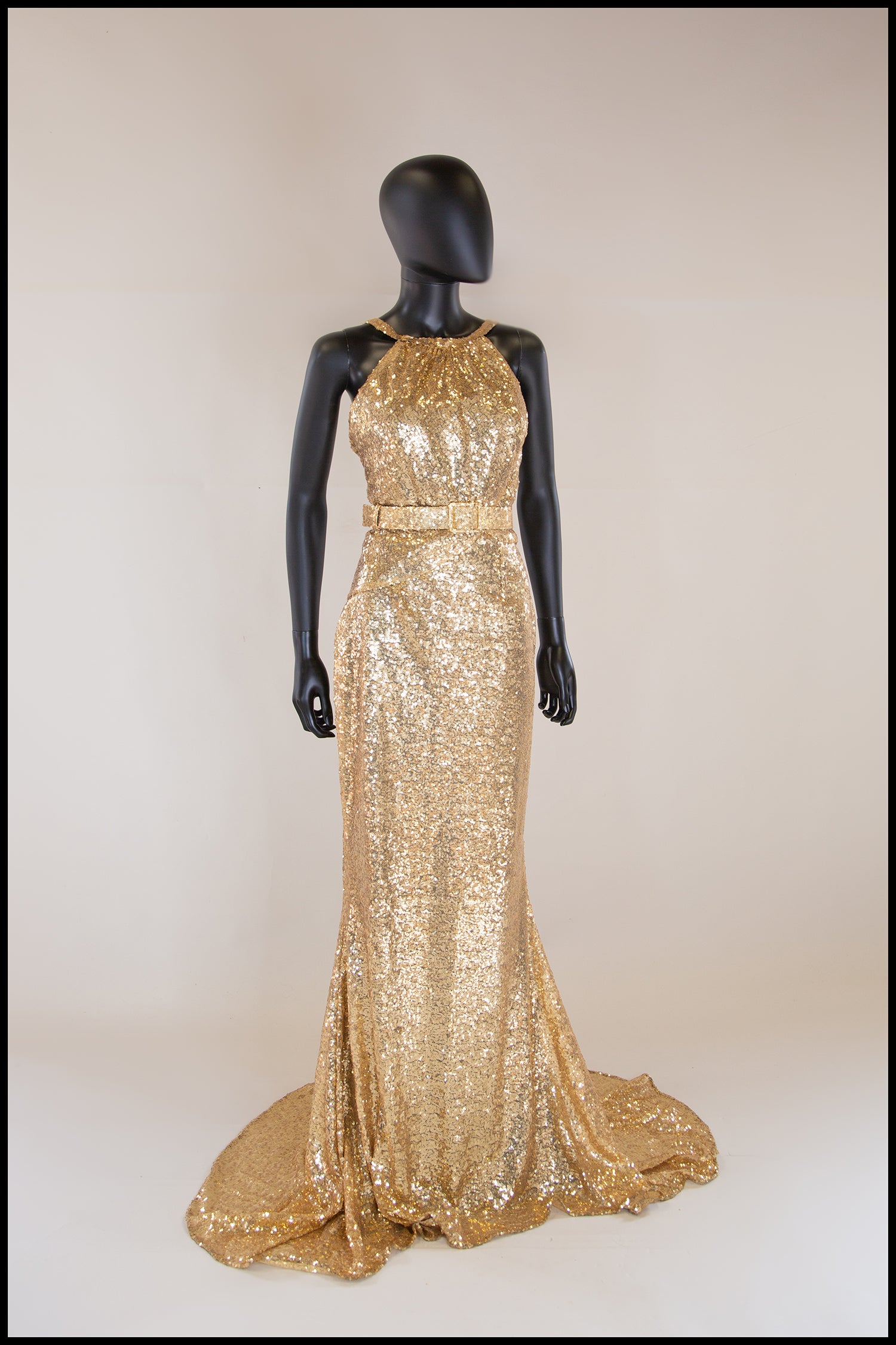gold sequin old hollywood gown designed by Alexandra King 