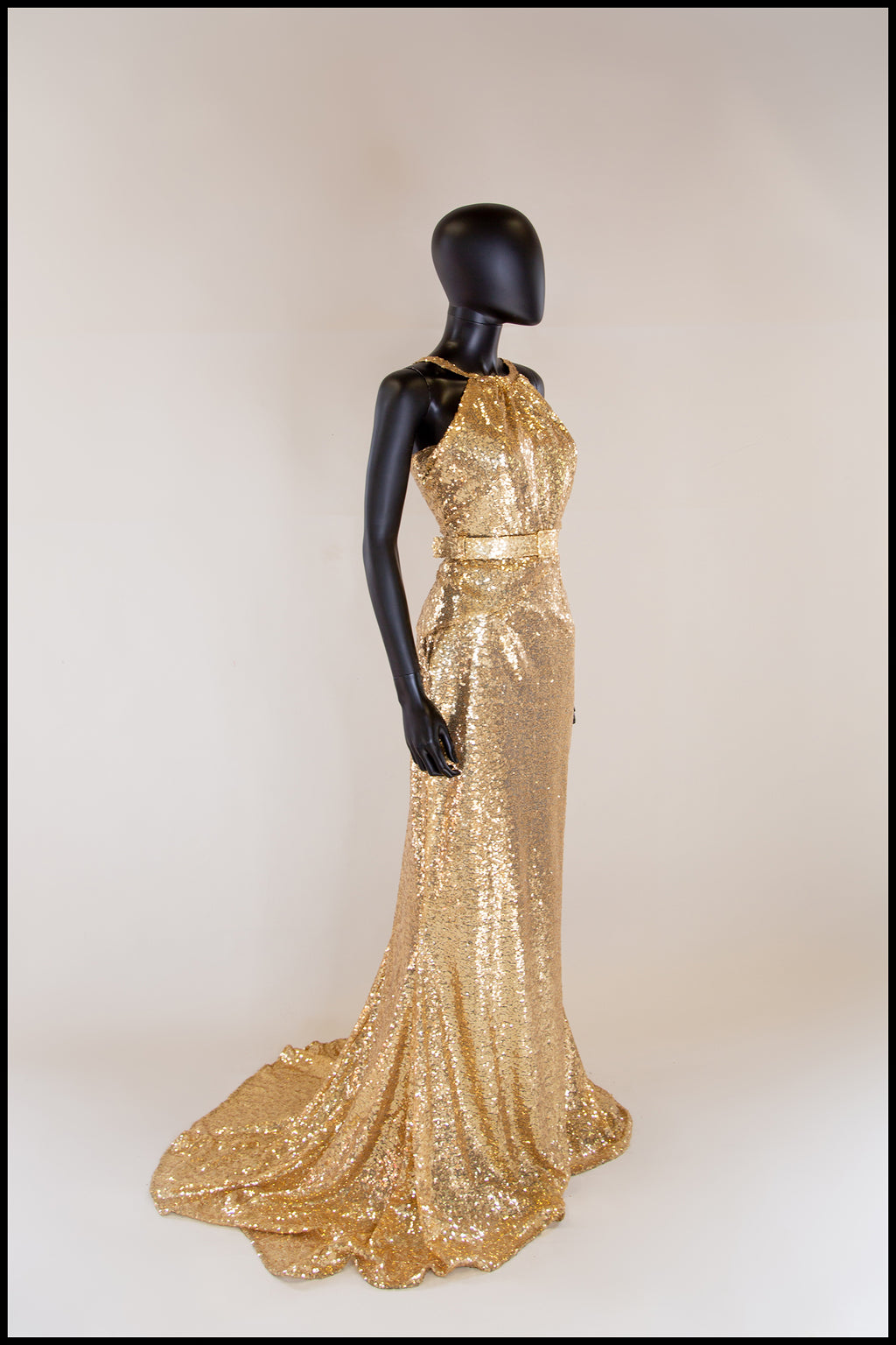 gold sequin old hollywood gown designed by Alexandra King 