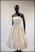 Vintage 1950s Embroidered Blue Silk Dress