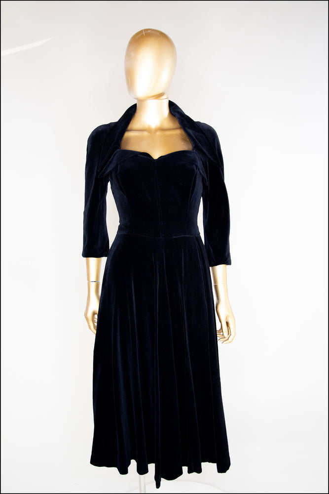 RESERVED Vintage 1940s Black Velvet Illusion Dress