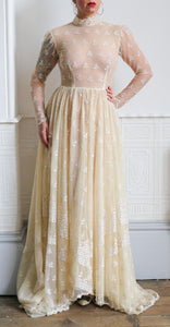 Vintage 1970s Edwardian Style Cream Lace Wedding Dress