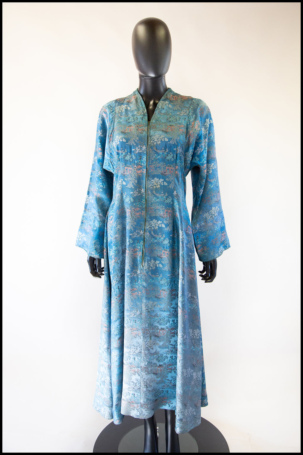 RESERVED Vintage 1940s Blue Chinese Satin Robe Maxi Dress