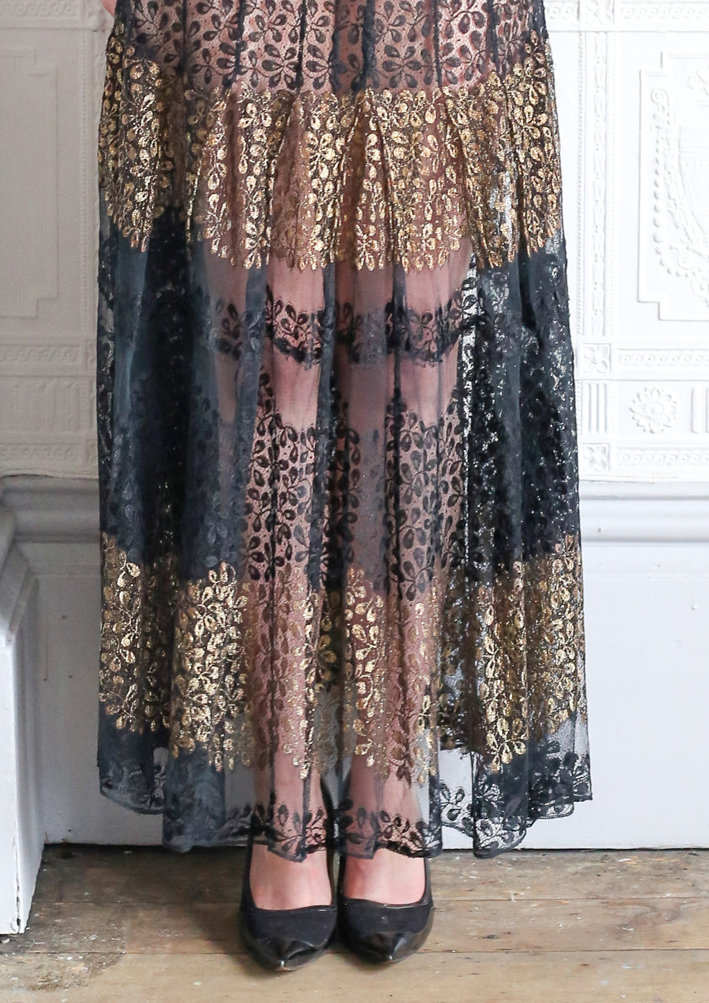 RESERVED FOR LINDA Vintage 1920s Black and Gold Lace Skirt