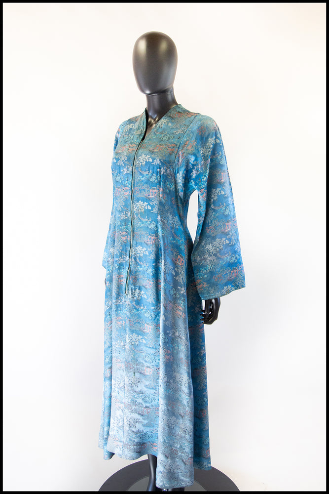RESERVED Vintage 1940s Blue Chinese Satin Robe Maxi Dress