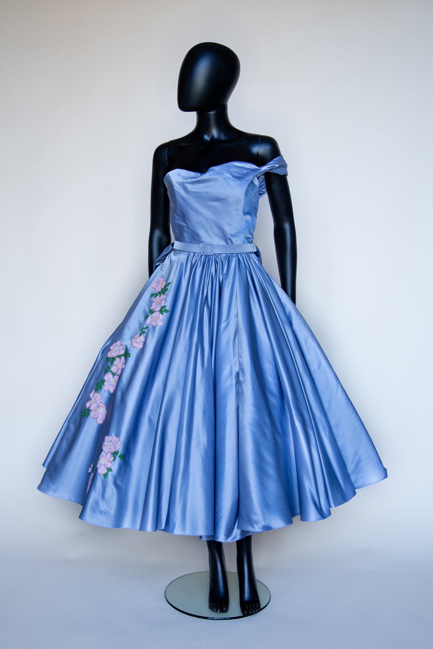 dusky blue silk satin ballerina 1950s style dress with full skirt by british fashion designer Alexandra King made in Somerset