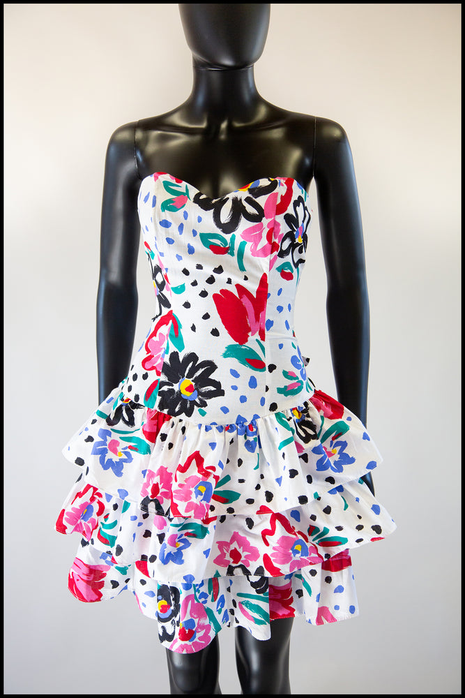 Vintage 1980s White Floral Mini Dress