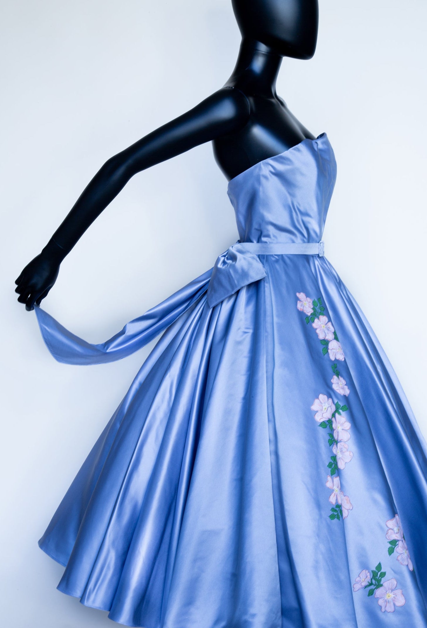 dusky blue silk satin ballerina 1950s style dress with full skirt by british fashion designer Alexandra King made in Somerset