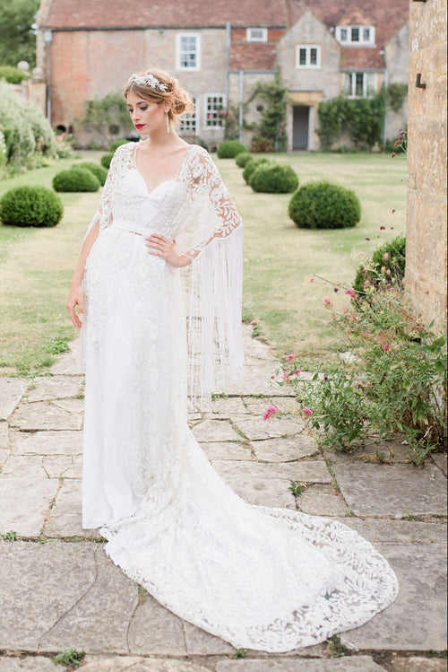 Ivory sequin fringed vintage style wedding over dress by Alexandra King
