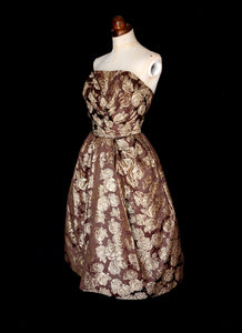 Vintage 1950s Bronze Gold Brocade Cocktail Dress