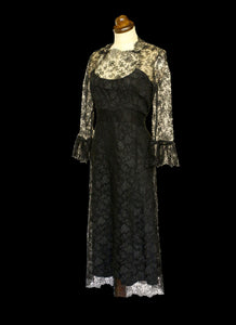 Vintage 1970s Alfred Bosand Black Lace Dress