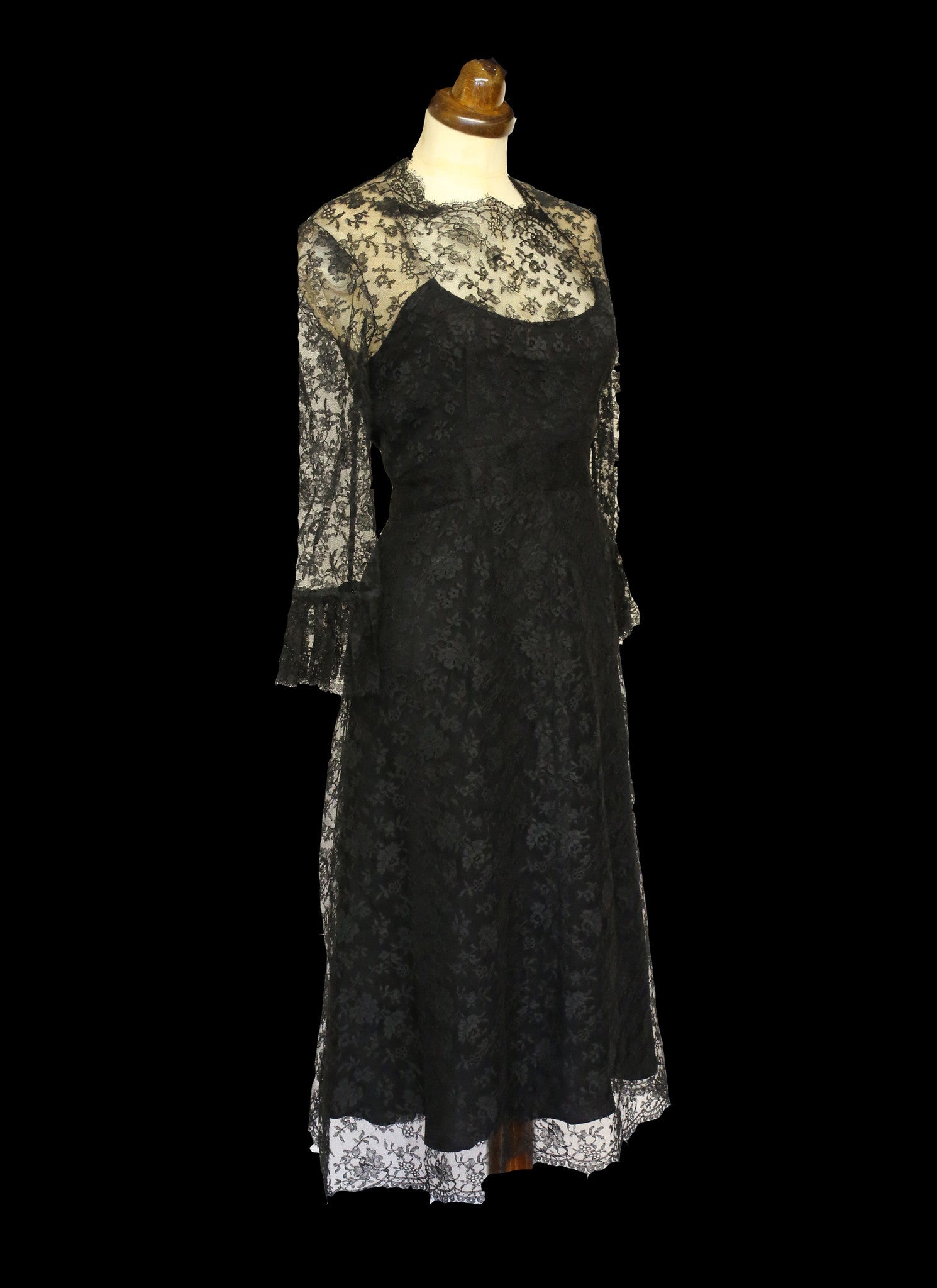 Vintage 1970s Alfred Bosand Black Lace Dress