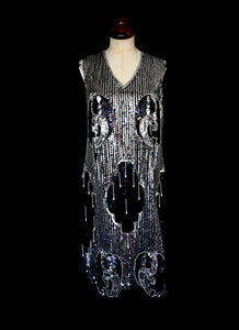 Vintage 80s Silver Sequin 20s Style Flapper Dress