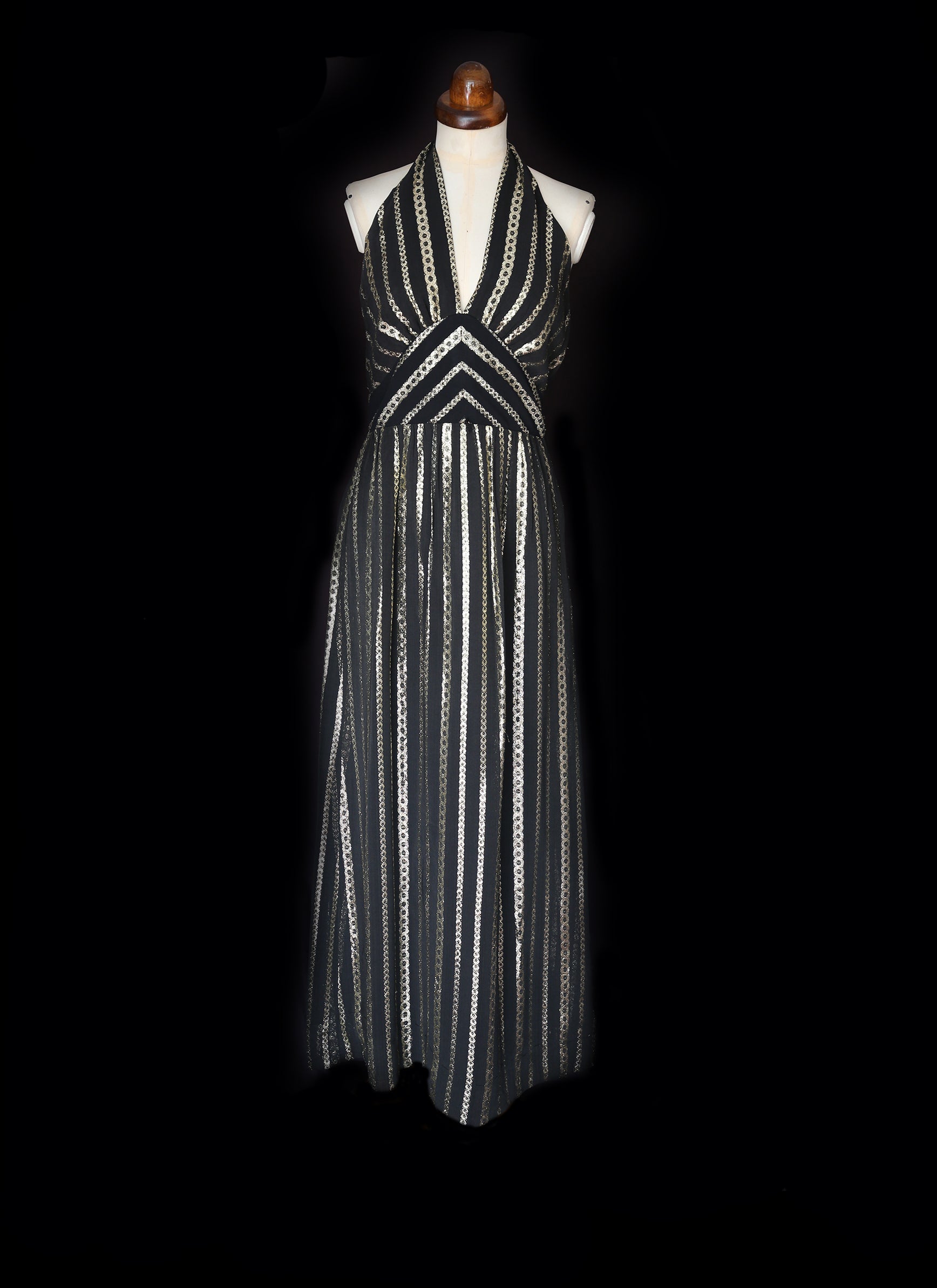 Vintage 1970s Black Gold Halter Disco Dress ALEXANDRA-KING Vintage 1970s Black Gold Halter Disco Dress ALEXANDRA-KING