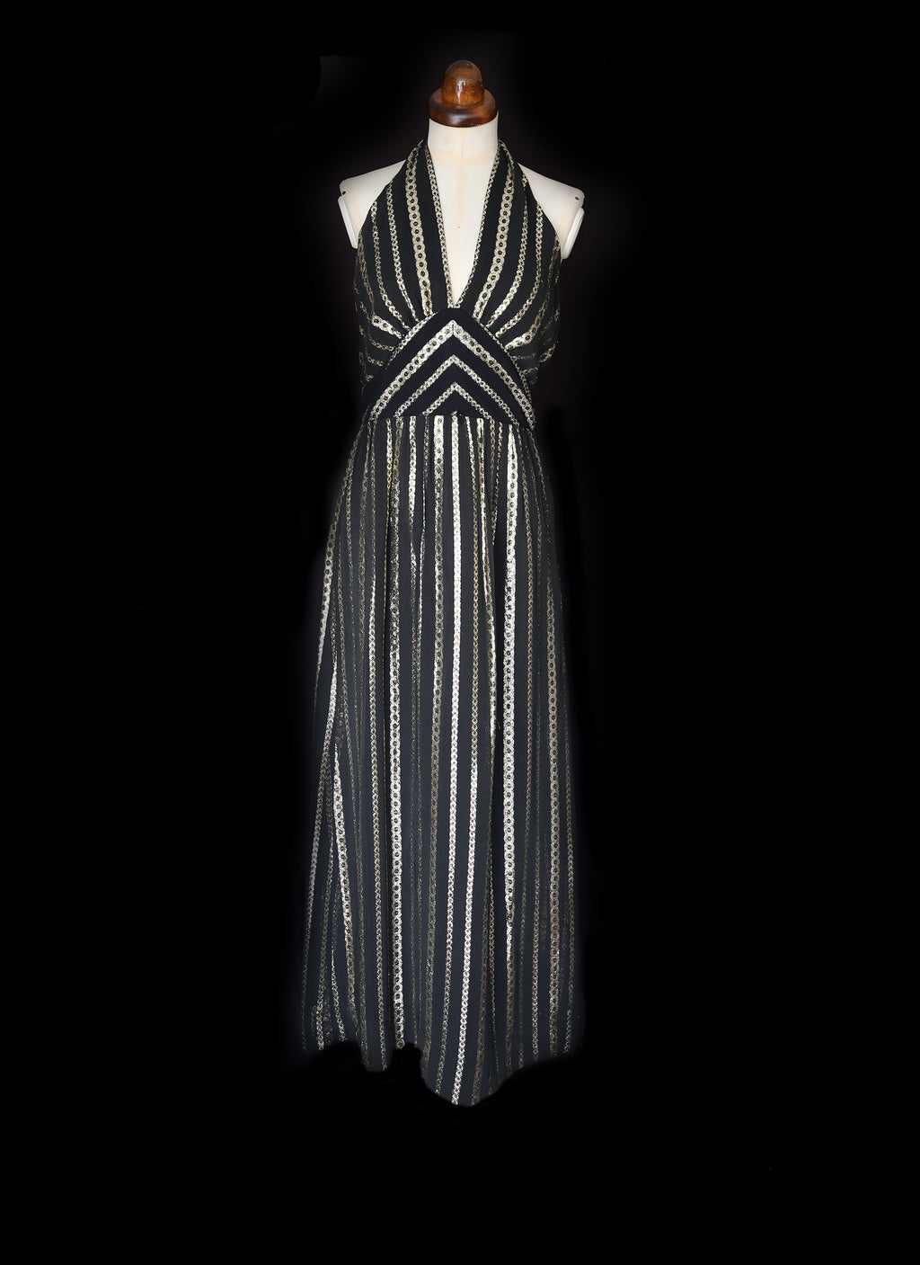 Vintage 1970s Black Gold Halter Disco Dress
