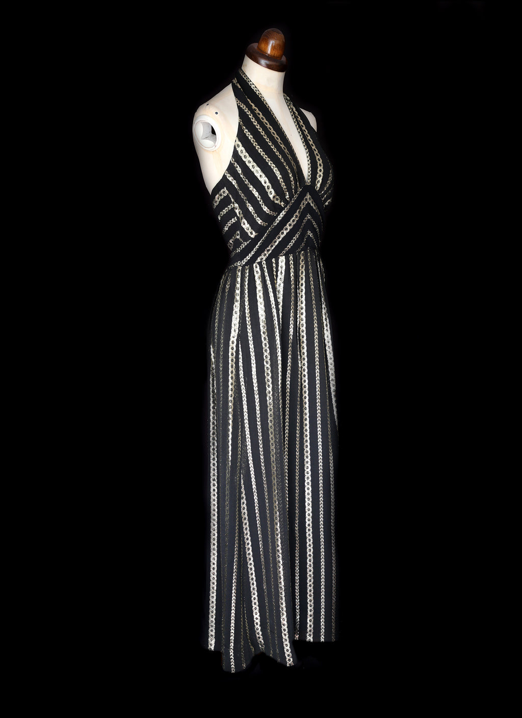 Vintage 1970s Black Gold Halter Disco Dress