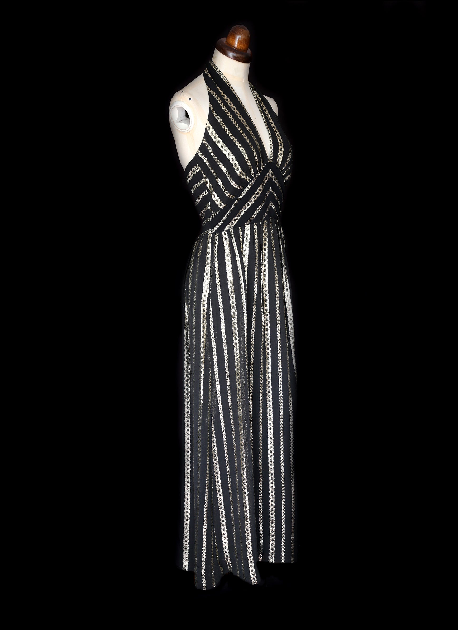 Vintage 1970s Black Gold Halter Disco Dress