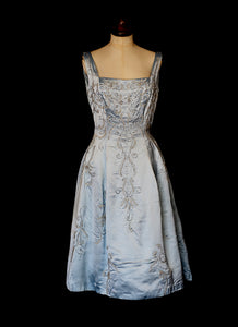 RESERVED Vintage 1950s Blue Beaded Satin Dress