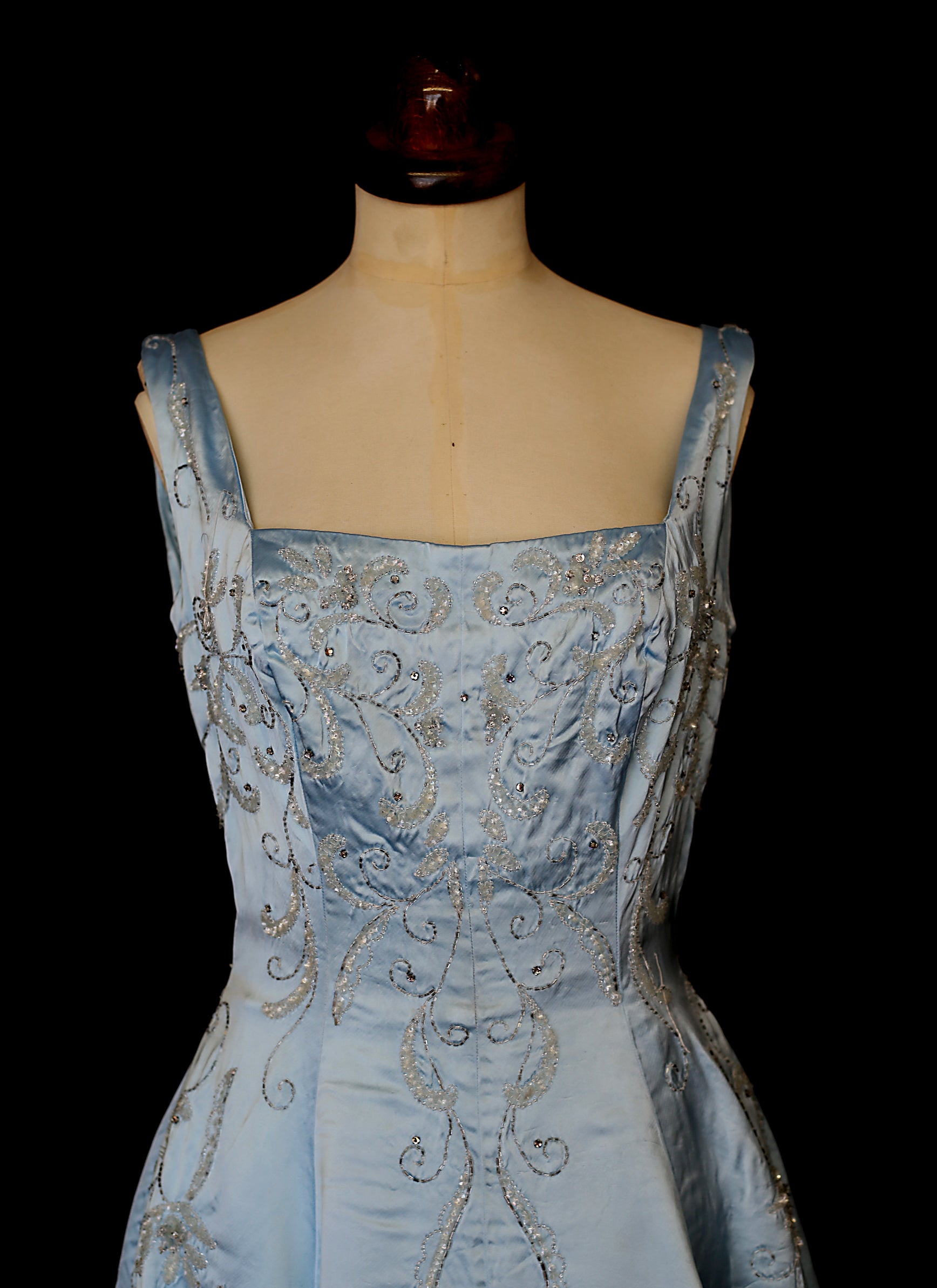 RESERVED Vintage 1950s Blue Beaded Satin Dress