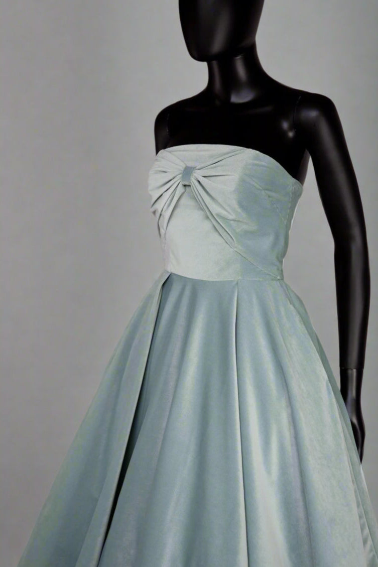 eau de nil blue velvet strapless demi couture cocktail midi dress with corset bandeau bodice and full skirt