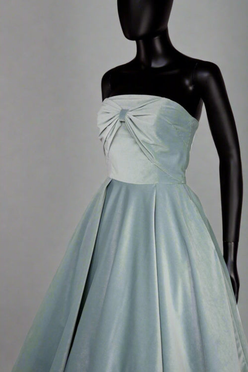eau de nil blue velvet strapless demi couture cocktail midi dress with corset bandeau bodice and full skirt