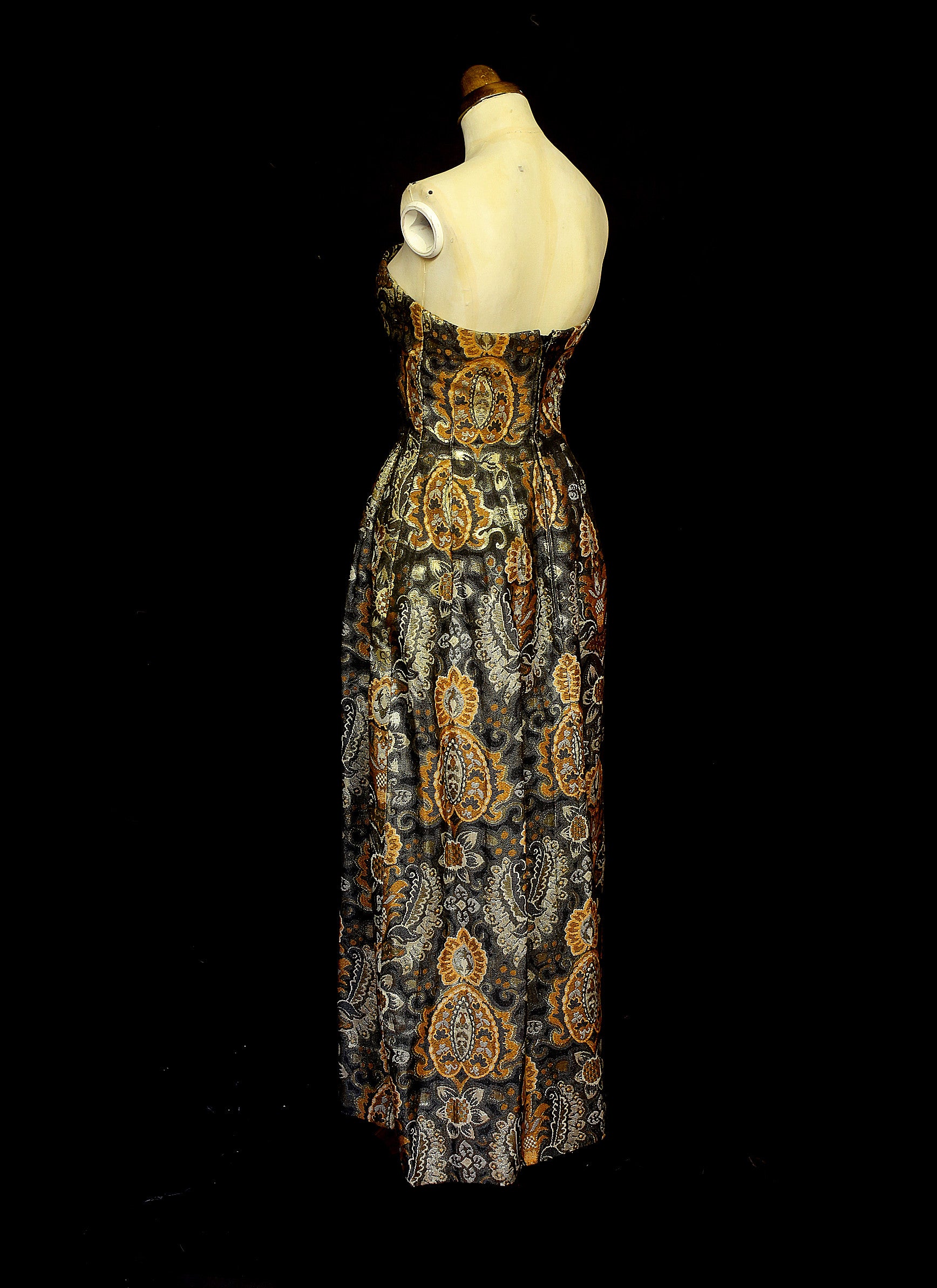 slim fit dress slacks Golden Elegance: Vintage Brocade Sequin Evening Gown
