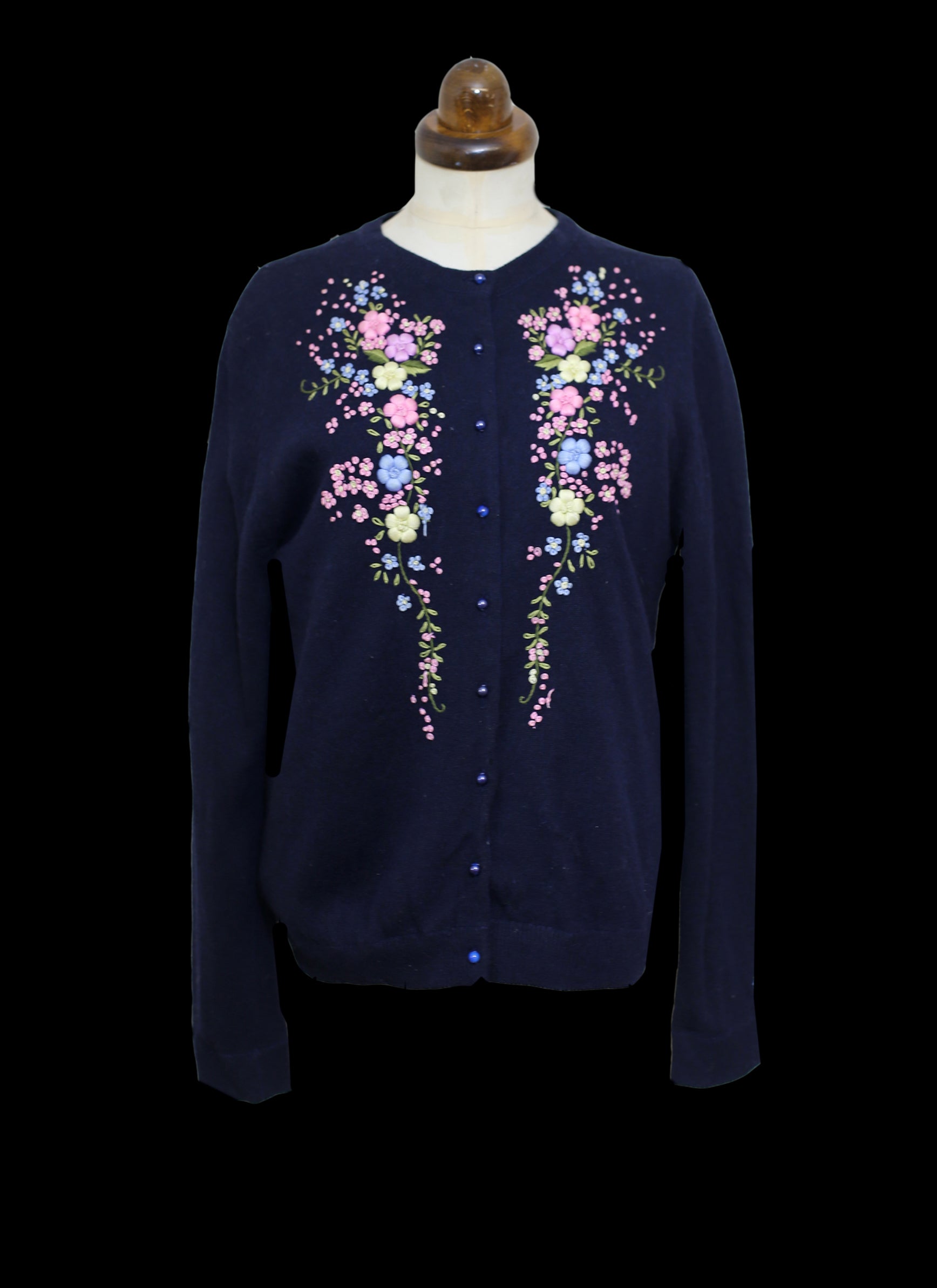 RESERVED Vintage 1950s Navy Blue Embroidered Cardigan