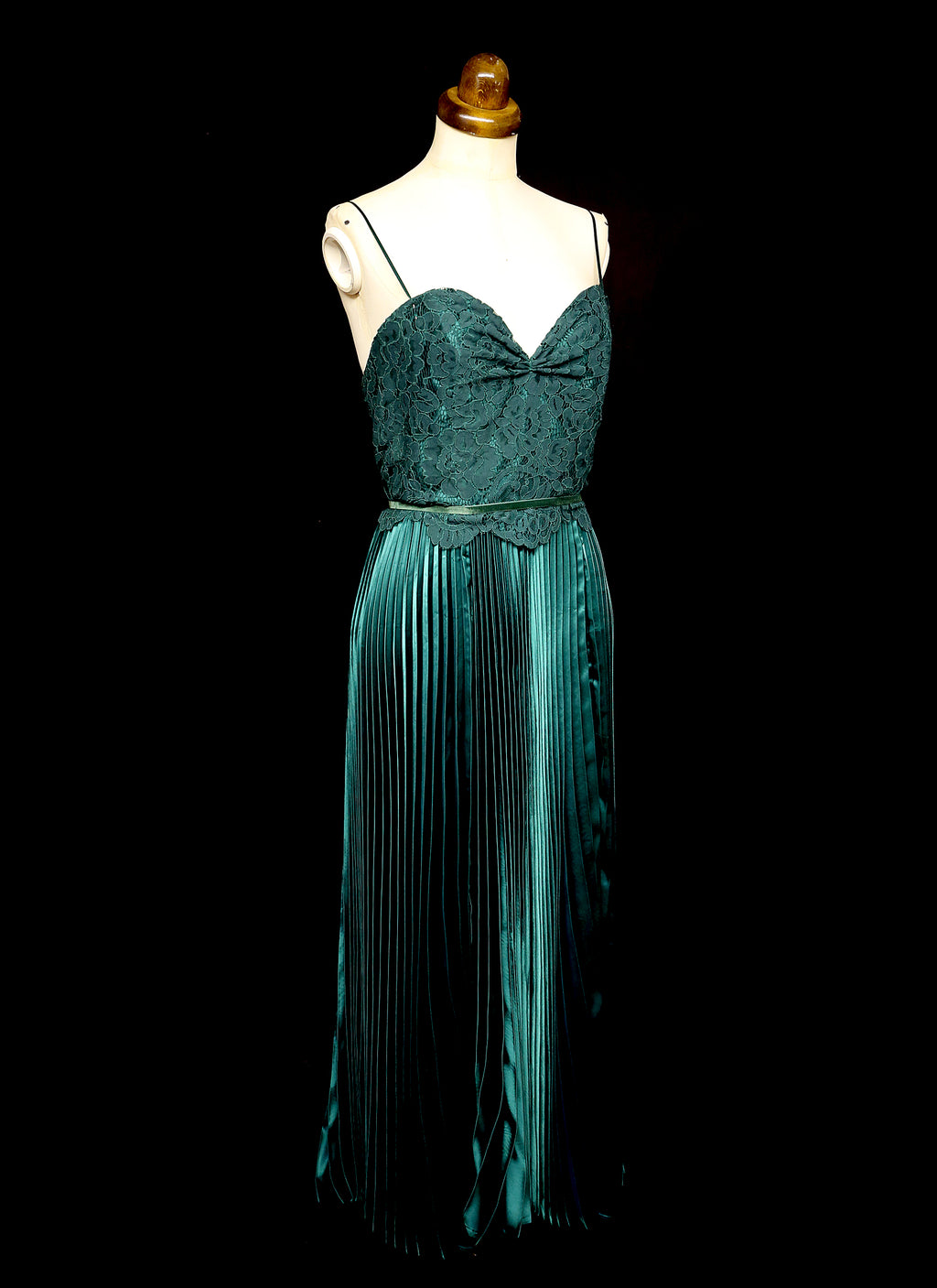 Emerald Green Pleated Satin Evening Dress
