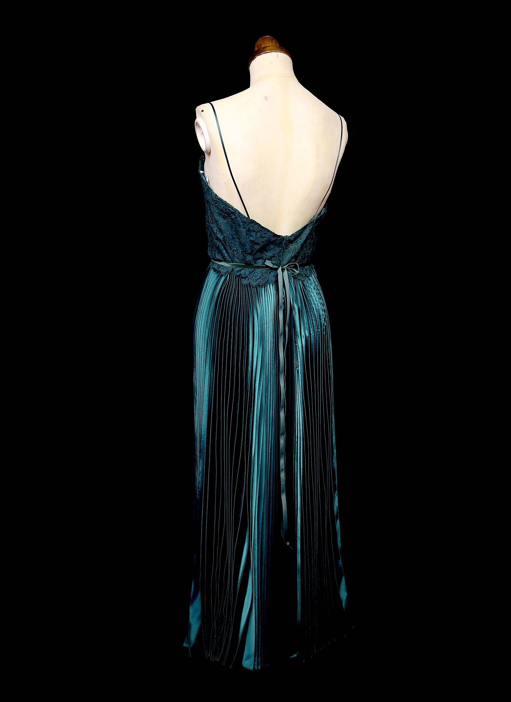 Emerald Green Pleated Satin Evening Dress