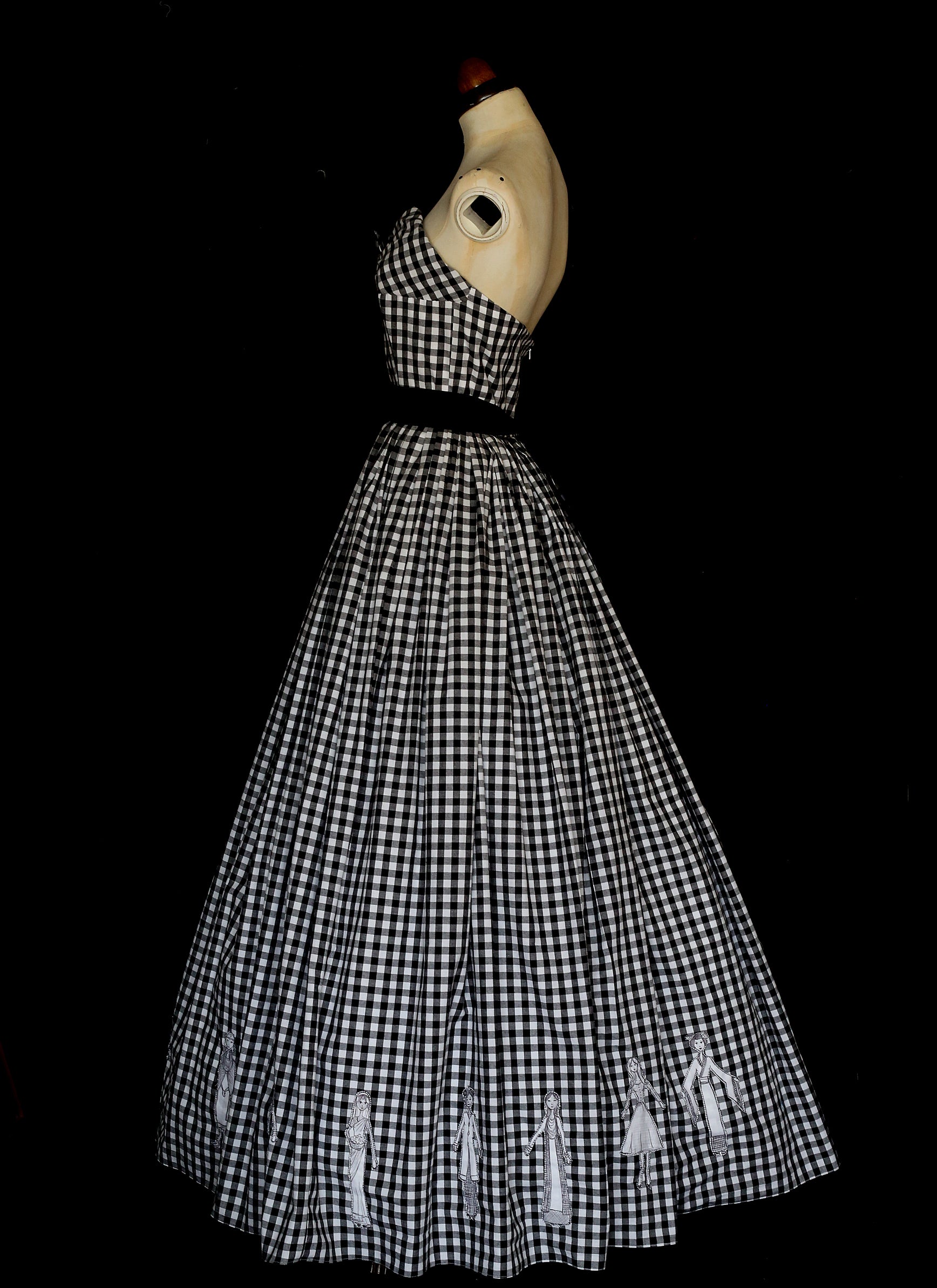 Gingham - Black and White Cotton Ballgown Dress - S