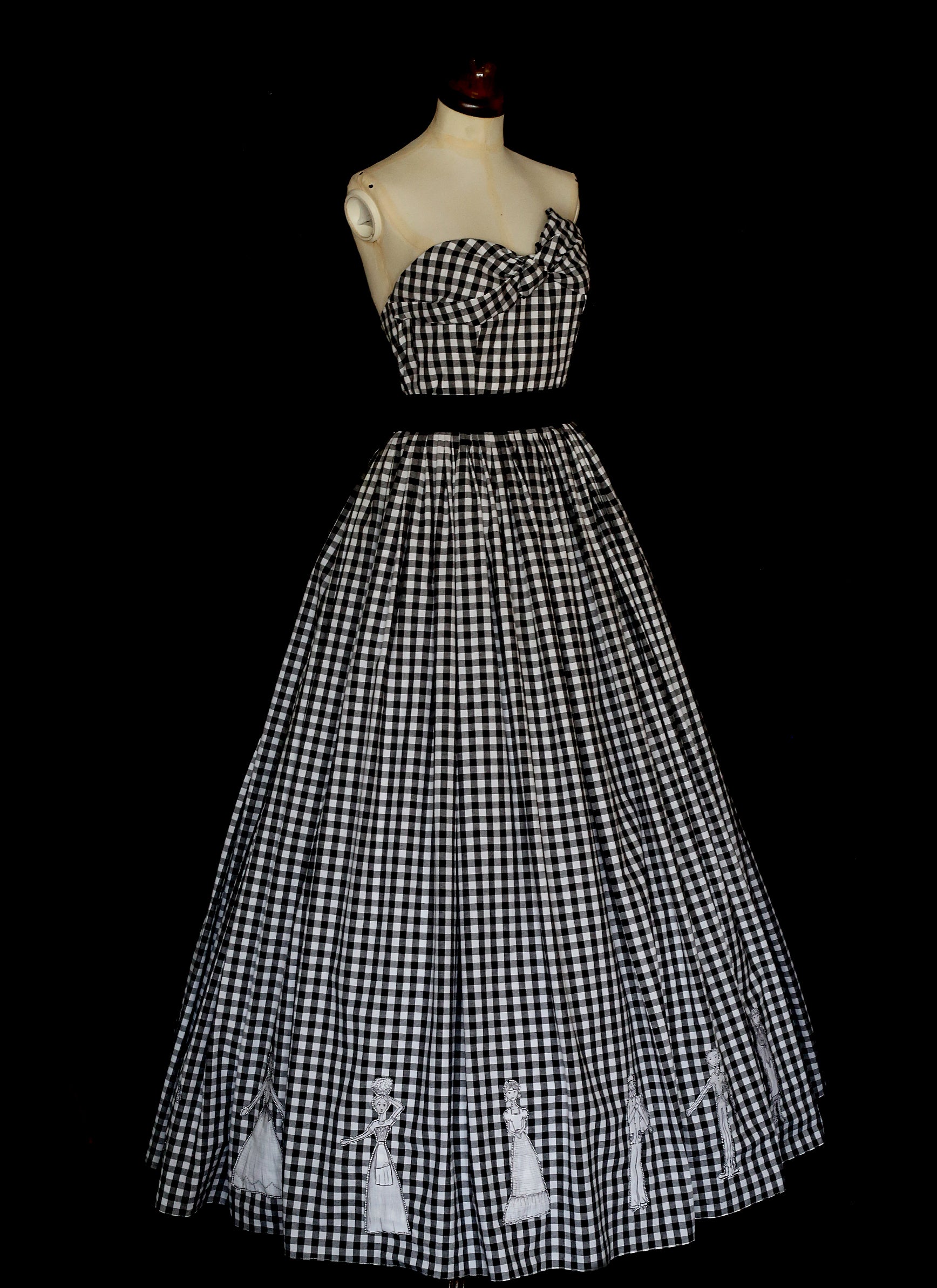 Gingham - Black and White Cotton Ballgown Dress - S