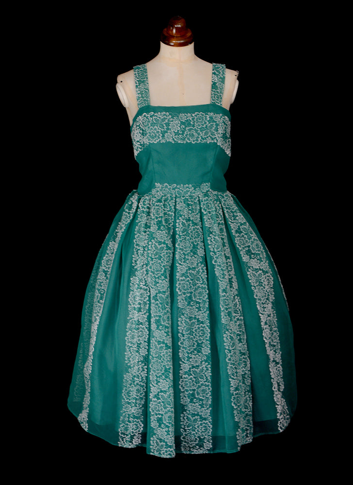 Vintage 1950s Green Flocked Dress