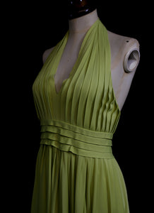 Vintage 1970s Lime Green Pleat Maxi Dress