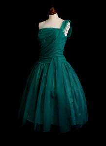 Vintage 1950s Emerald Green Nylon Cocktail Dress