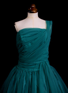 Vintage 1950s Emerald Green Nylon Cocktail Dress