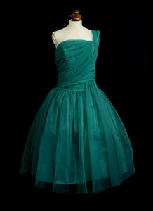 Vintage 1950s Emerald Green Nylon Cocktail Dress